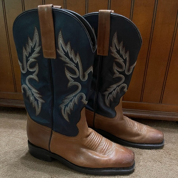 SIZE 8 VTG WOMENS MASTERSON BOOT CO COWBOY NAVY AND BROWN BOOTS SQ TOE - Picture 2 of 11